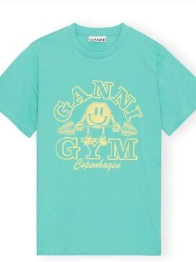 Ganni Aqua Short-Sleeve Graphic Tee with Yellow Print
